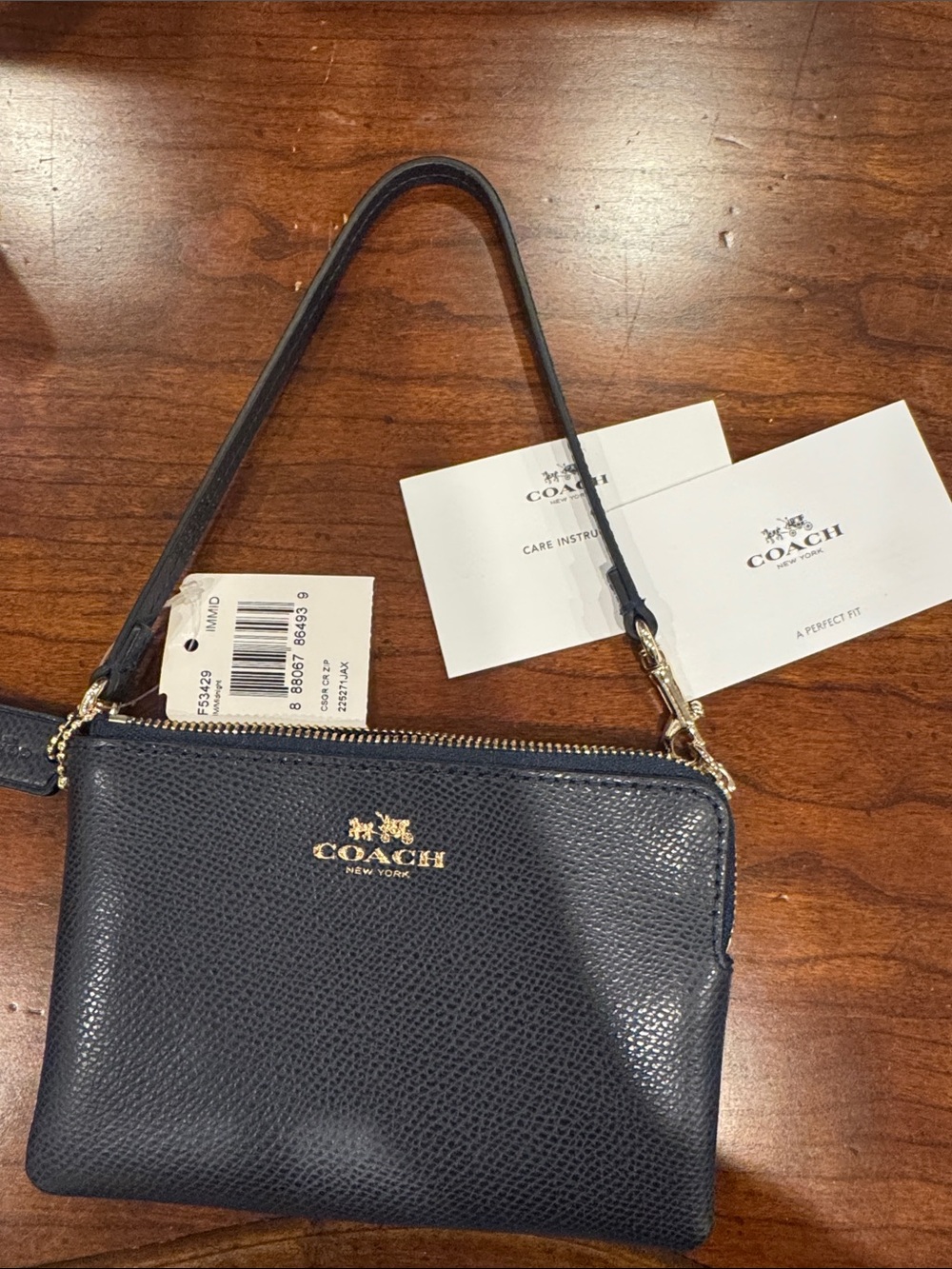 Coach Navy Pebbled Leather Double Zip Wristlet with Gold Hardware